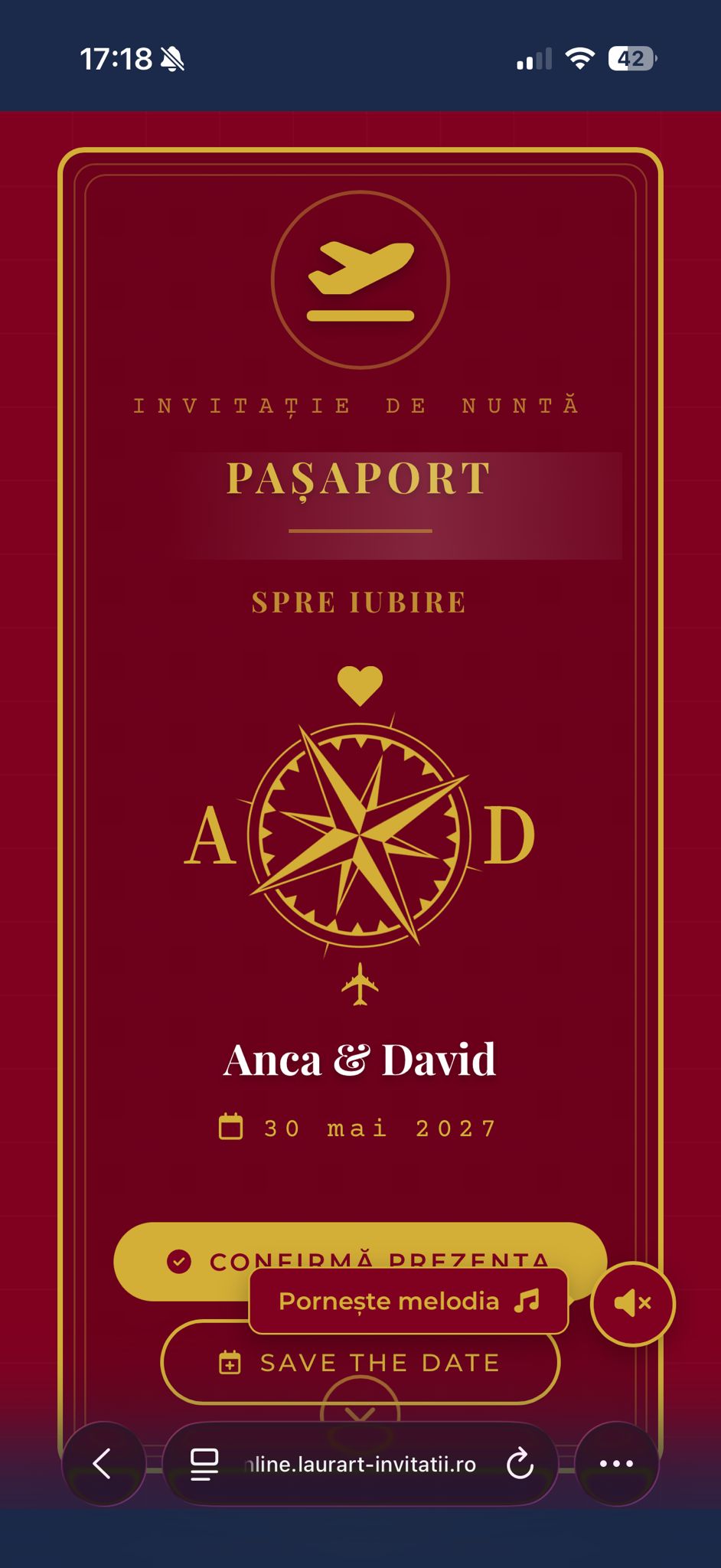 Invitație digitală Nuntă — Pasaport